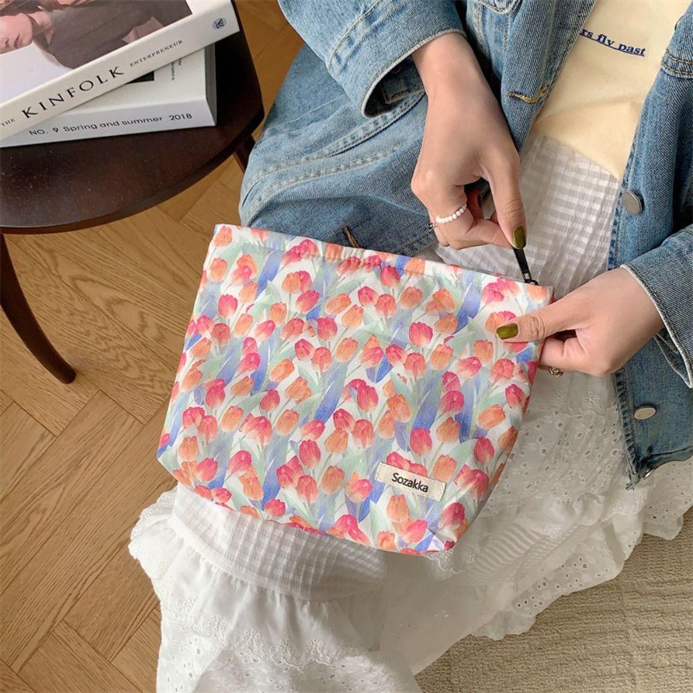 LOMBARD Túi Đựng Son Môi Chất Liệu Cotton Khóa Kéo Hình Vuông Họa Tiết Hoa Xinh Xắn