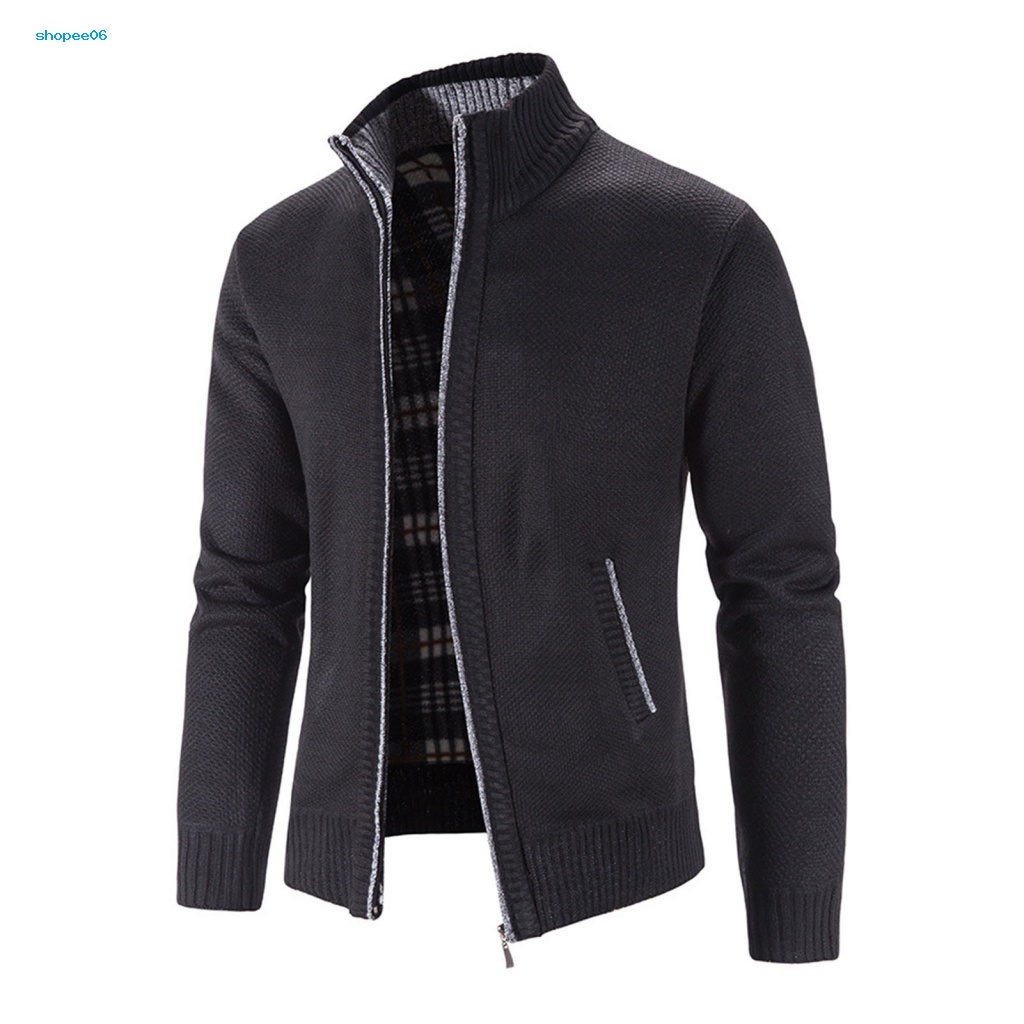 Pemg Áo Khoác Sweater Dệt Kim Tay Dài Lót Lông Cừu Màu Trơn Có Khóa Kéo Thời Trang Thu Đông Cho Nam