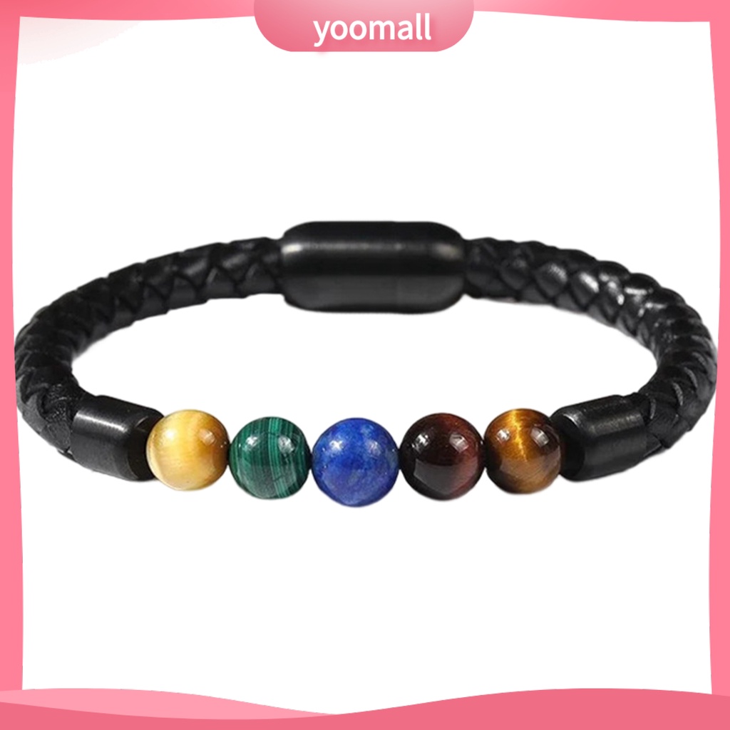 [YM] Vòng Đeo Tay Dây Da Bện Siêu Nhẹ Chống Mài Mòn Trang Trí Hạt Đá Hợp Kim Đơn Giản Cho Nam Và Nữ