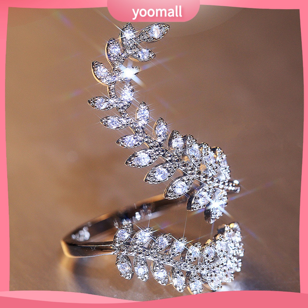 Nhẫn Cưới Dạng Mở Hình Chiếc Lá Màu Bạc Có Thể Điều Chỉnh Kích Cỡ