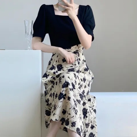 Đầm Midi Cổ Vuông Tay Ngắn In Họa Tiết Hoa Thời Trang Mùa Hè Kiểu Pháp Xinh Xắn Cho Nữ