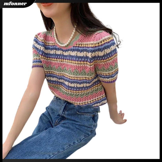 Áo Dệt Kim Ngắn Tay Cổ Tròn Họa Tiết Kẻ Sọc Màu Sắc Tương Phản Thời Trang Mùa Hè Cho Nữ