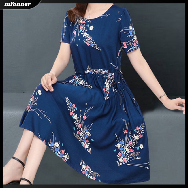 Đầm Midi Dáng Rộng Cổ Tròn In Hoa Thời Trang Mùa Hè Cho Nữ Plus Size