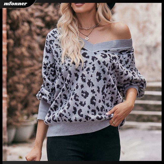 Áo Sweater Dệt Kim Trễ Vai Tay Dài Dáng Rộng In Họa Tiết Da Báo Cá Tính Cho Nữ