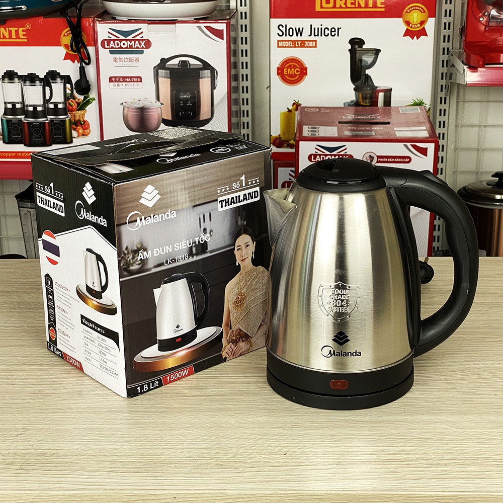 Ấm siêu tốc inox Thái Lan MALANDA LK-1318 dung tích 2L, thân ấm inox 304 không hoen rỉ, tự ngắt an toàn khi hết nước