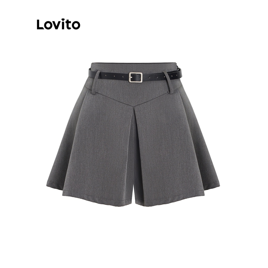 Quần short Lovito phong cách thường ngày màu trơn có thắt lưng xếp ly ống rộng dành cho nữ L53AD067 (xám đậm)