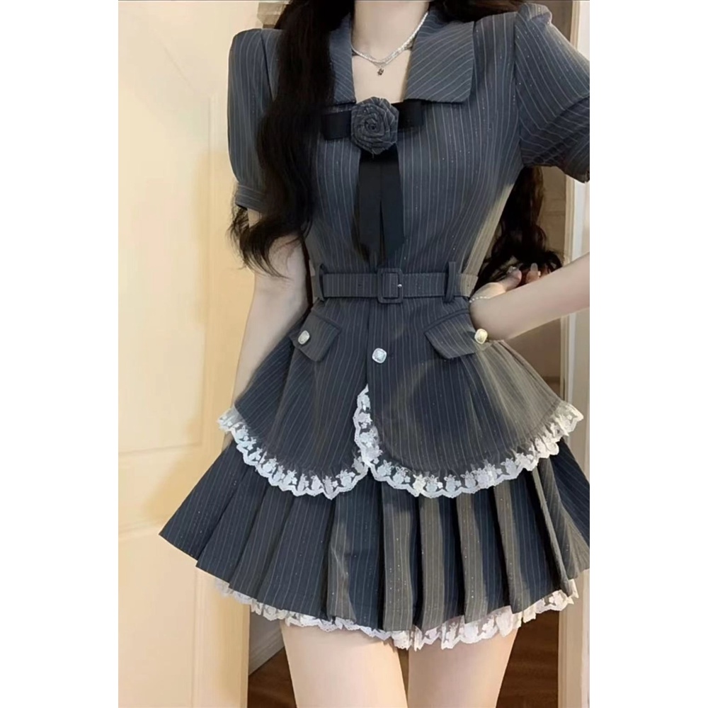 Set Áo Sơ Mi Tay Ngắn Kẻ Sọc Ôm Dáng + Chân Váy Ngắn Thời Trang Hè 2023 Cho Nữ