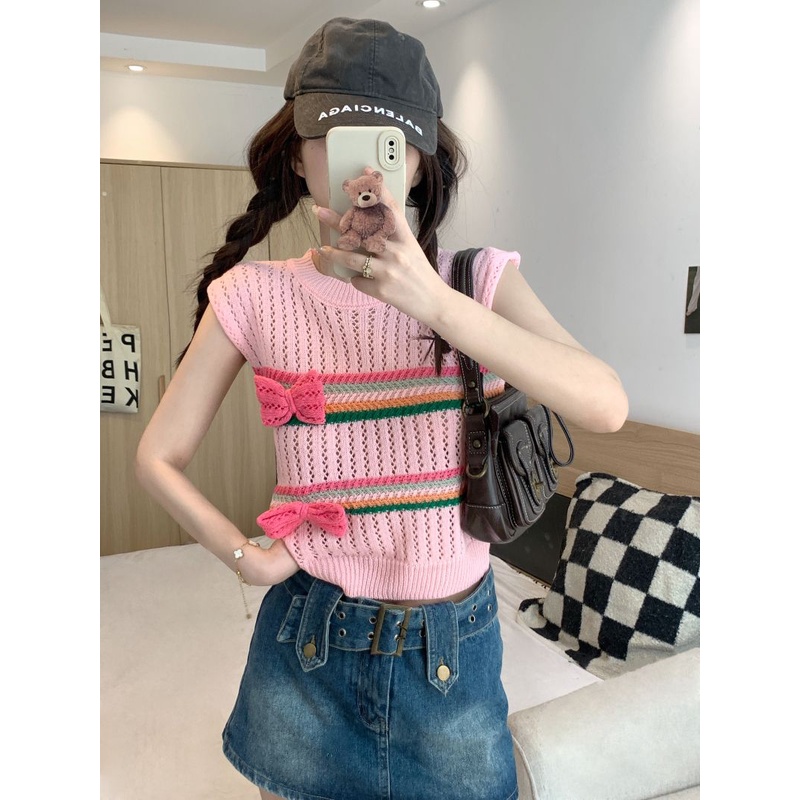 Áo Tank Top Dệt Kim Sát Nách Đính Nơ Độc Đáo Thời Trang Mùa Hè Cho Nữ