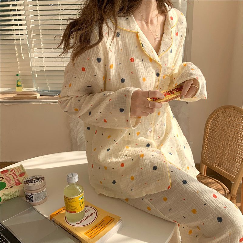 Bộ Đồ Ngủ Dài Tay Họa Tiết Chấm Bi Nhiều Màu Sắc Thời Trang Xuân Thu Cho Nữ