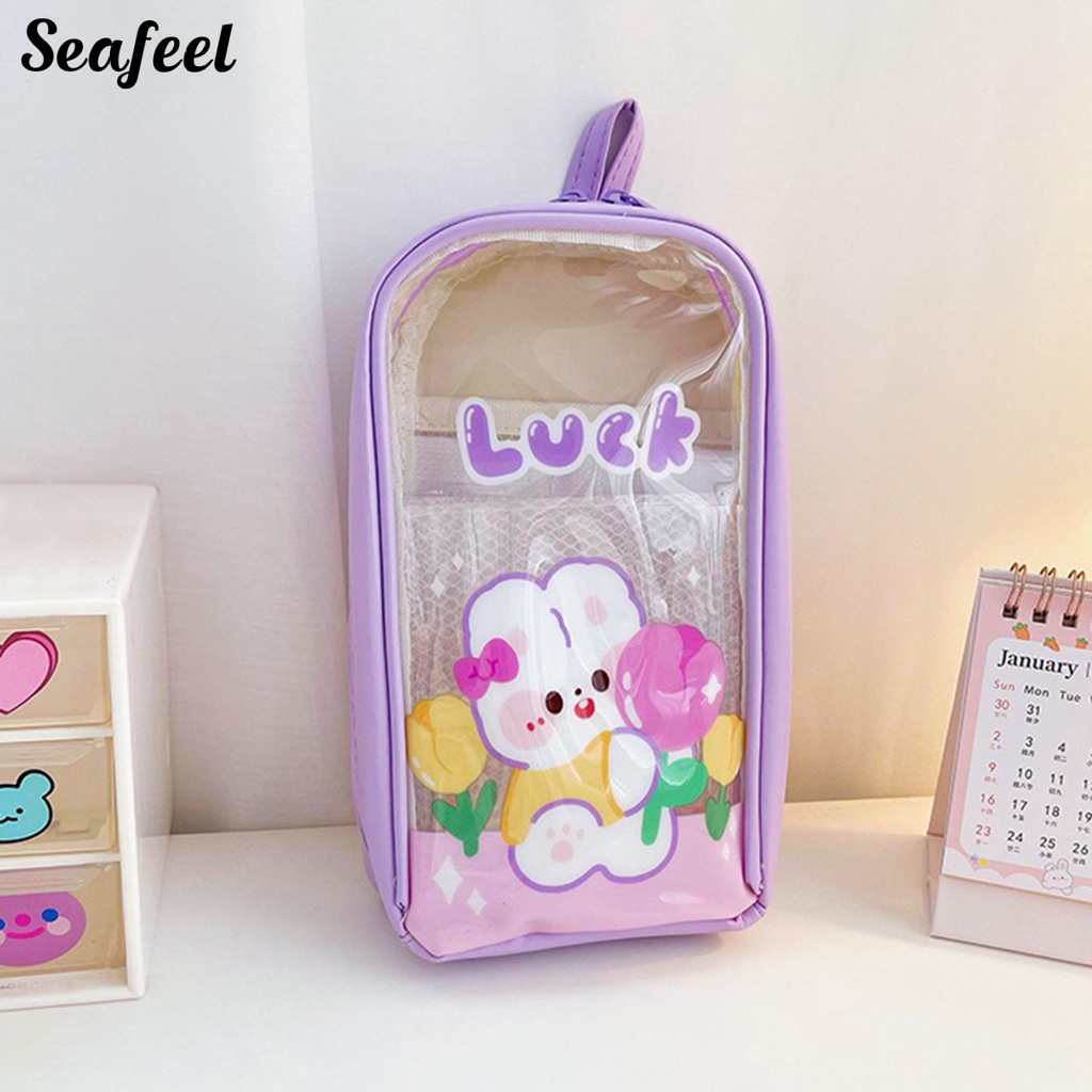 Túi Đựng Thước Kẻ Trong Suốt Chống Nước In Họa Tiết Thỏ / Gấu Có Dây Đeo