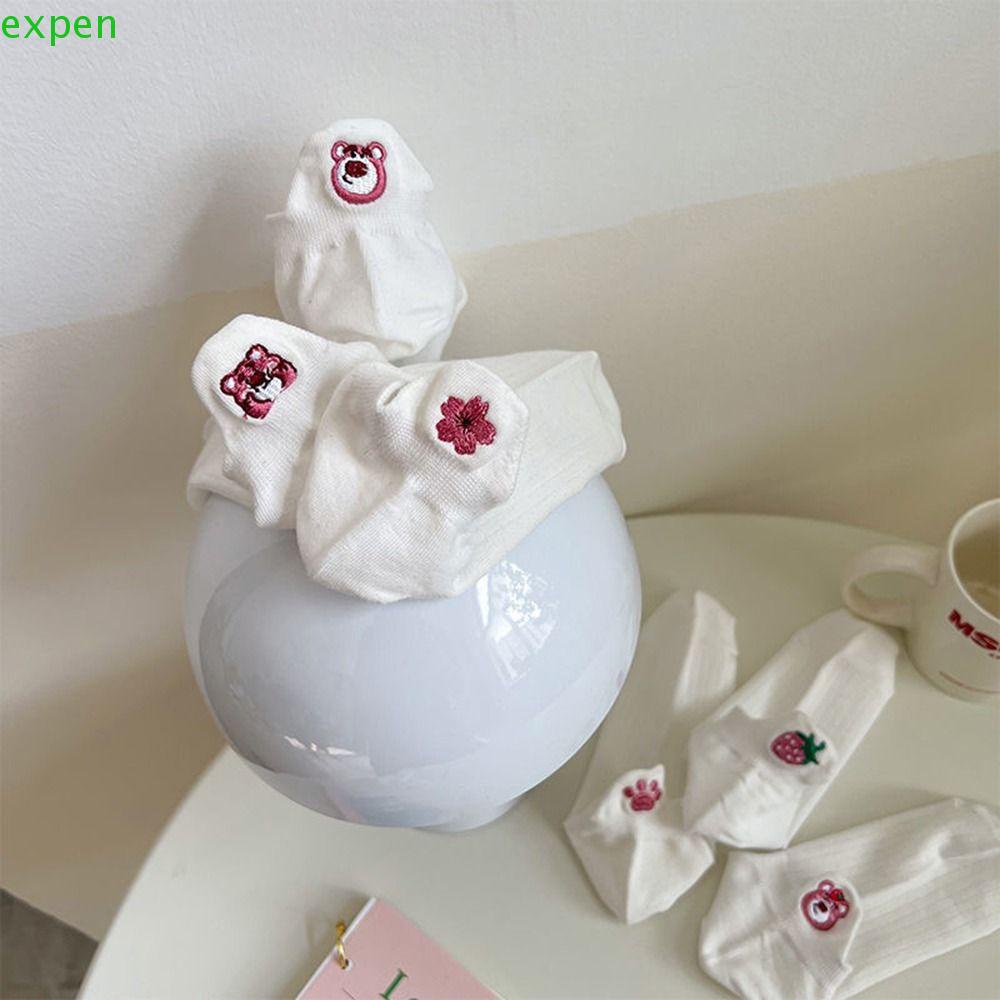 EXPEN Đôi Vớ Cotton Thấm Hút Mồ Hôi In Hình Gấu Dâu Tây Dễ Thương Dành Cho Nữ