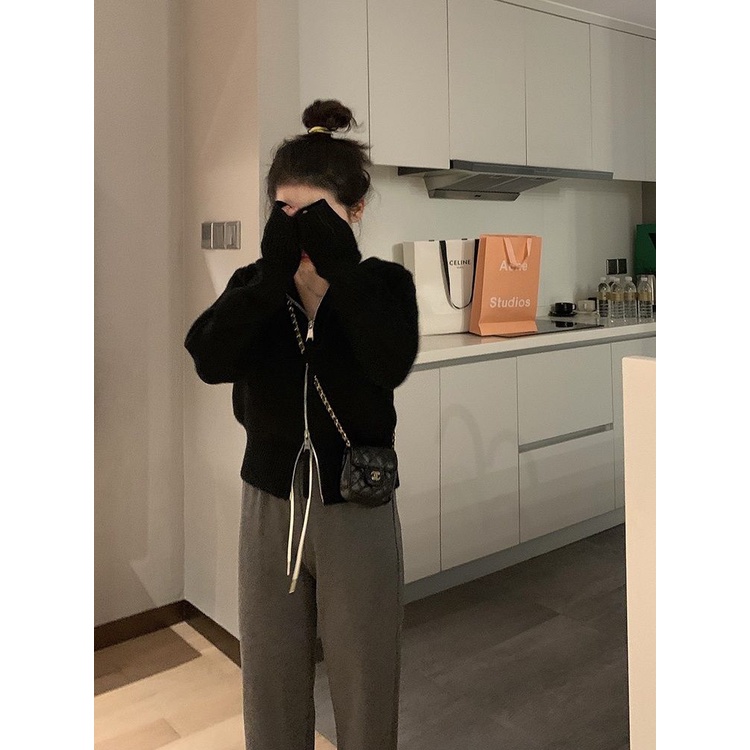 Áo Khoác Cardigan Dệt Kim Dáng Ngắn Có Mũ Trùm Thời Trang