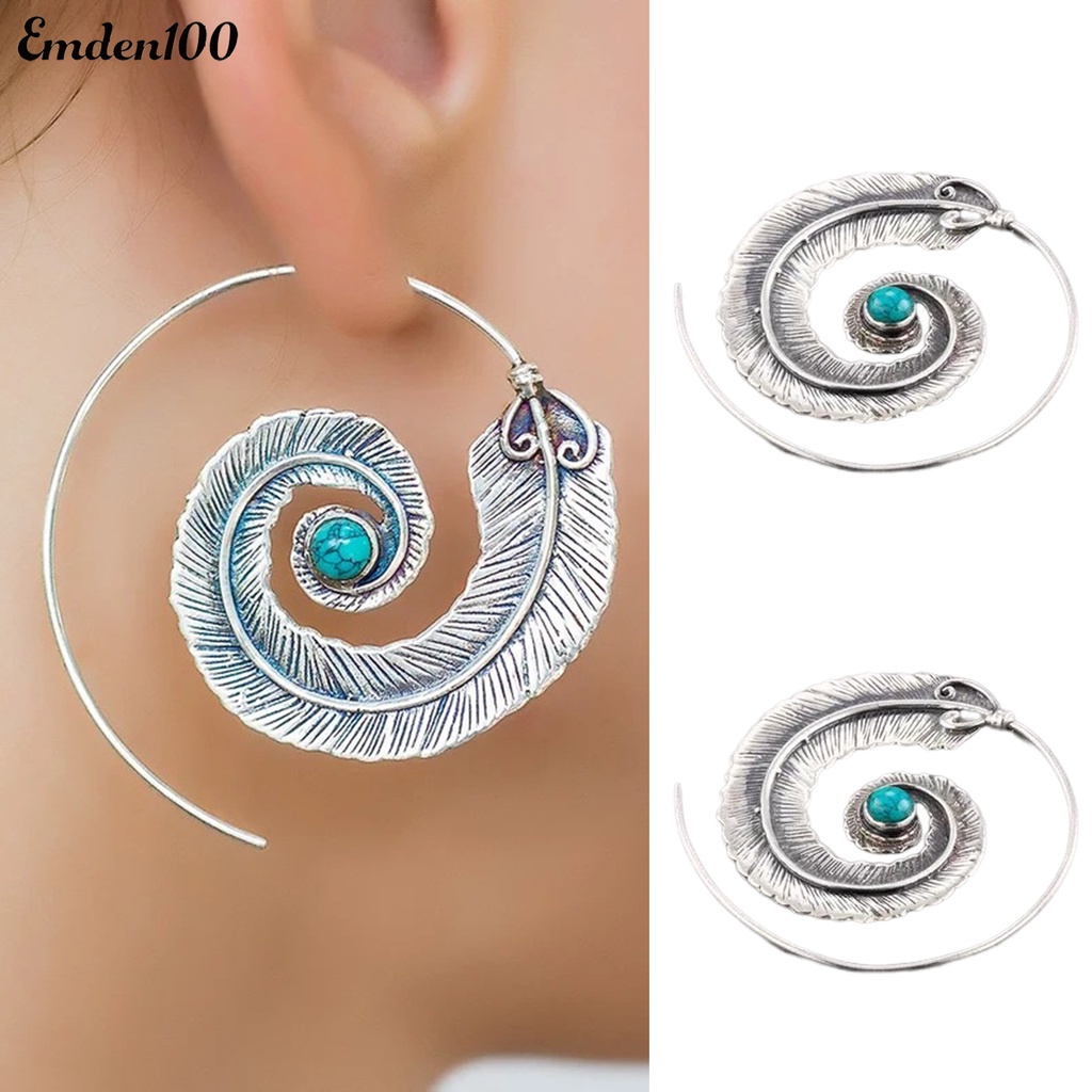 1 Đôi Bông Tai Tròn Khắc Hình Lông Vũ Đính Đá Ngọc Lam Giả Phong Cách Boho Cổ Điển Thời Trang Cho Nữ