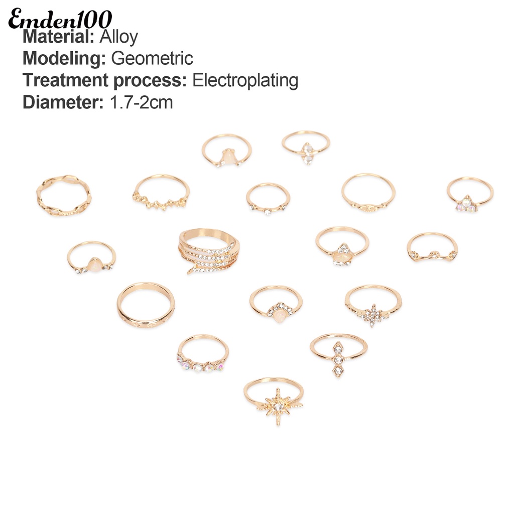 Bộ 17 Nhẫn Đính Đá Nhân Tạo Phong Cách Bohemian Thời Trang