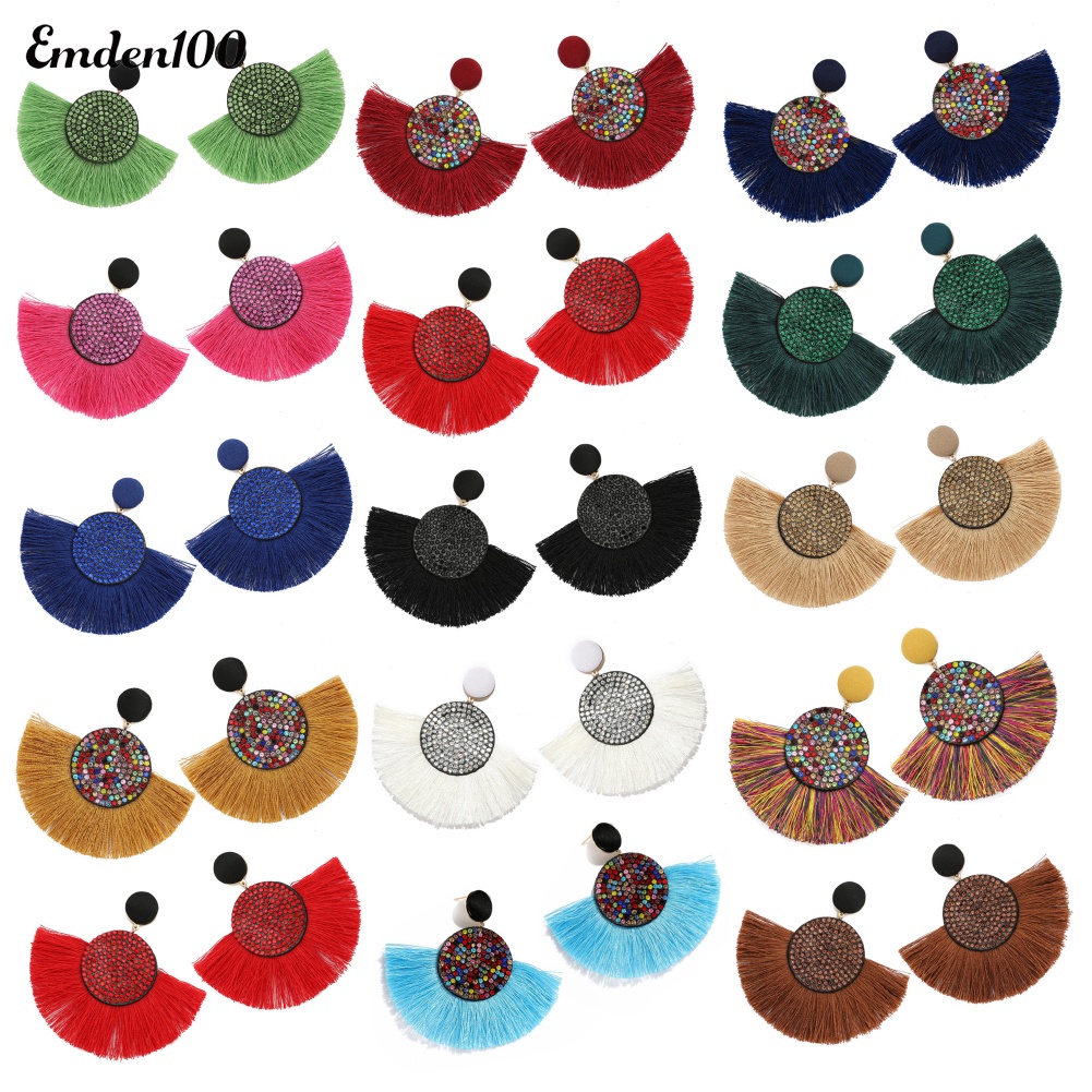 Bông Tai Hình Quạt Đính Đá Tua Rua Thời Trang