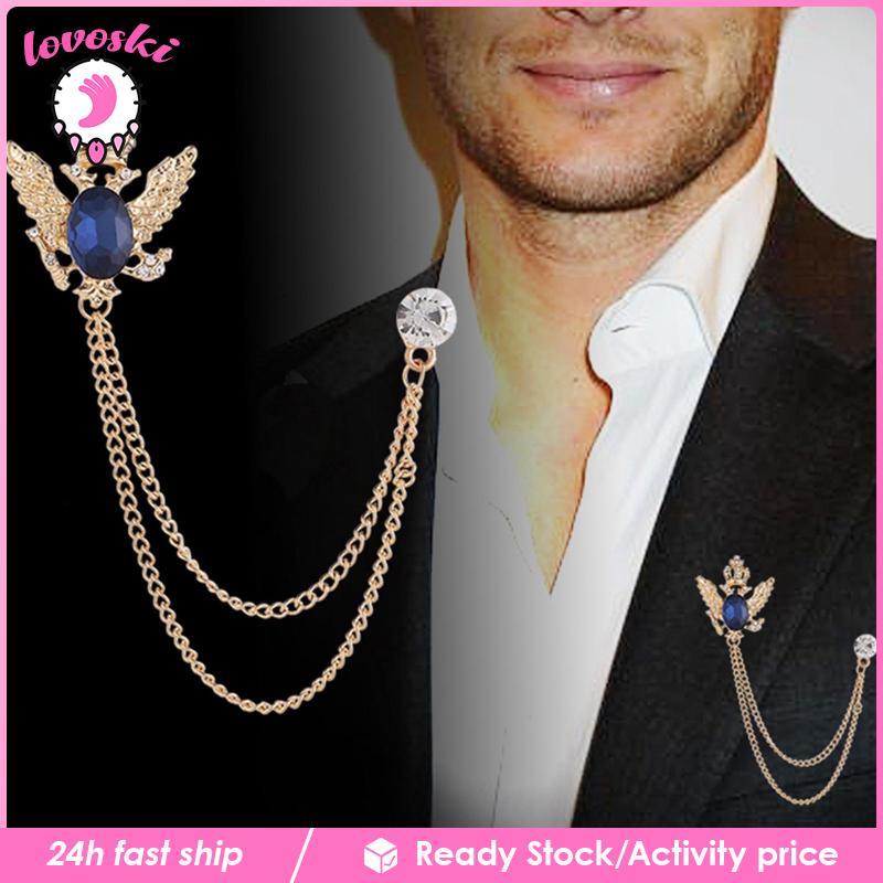 Ghim Cài Áo Hình Vương Miện Đính Đá Phối Dây Xích Tua Rua Trang Trí Đa Ứng Dụng Cho Nam