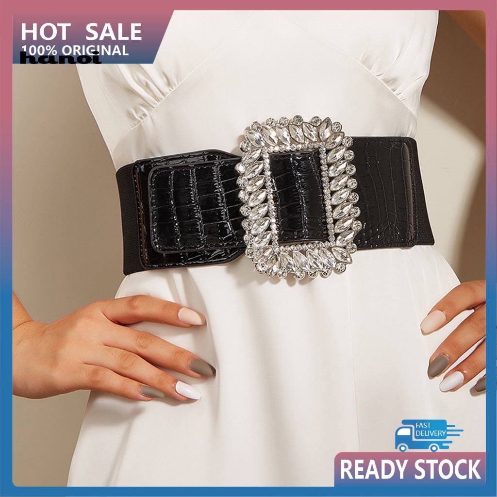 Thắt Lưng Giả Da Co Giãn Màu Trơn Đính Đá Thời Trang Cho Nữ