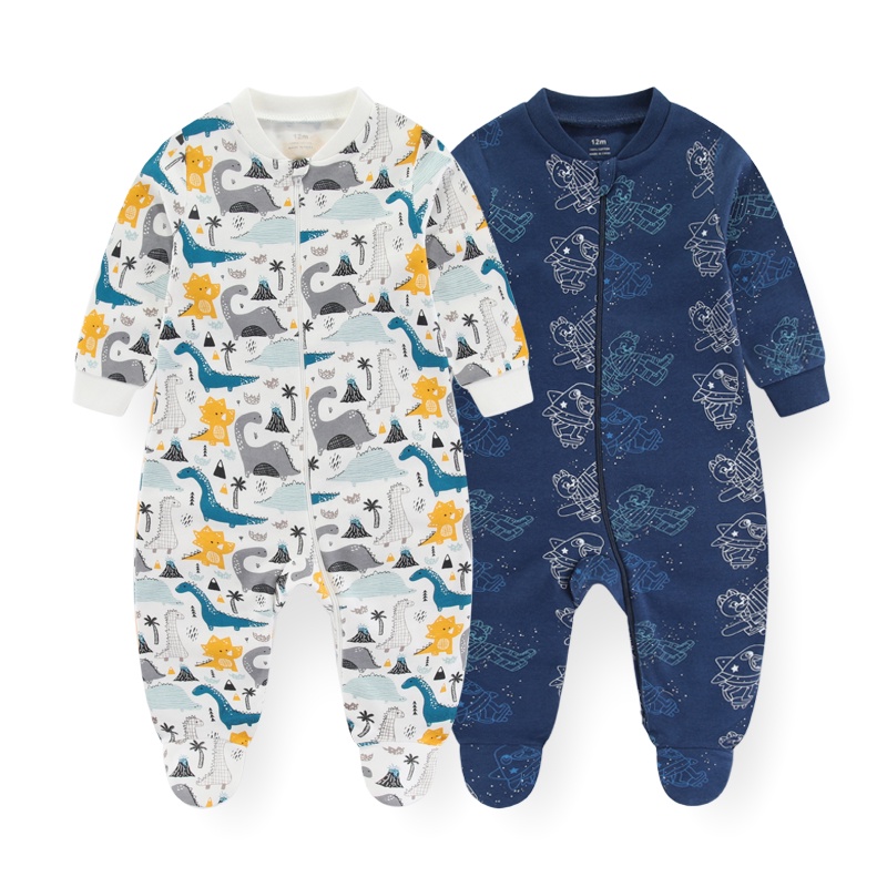 Bộ 2 Món Áo Liền Quần 100% Cotton Mềm Mại Tay Dài In Họa Tiết Hoạt Hình Cho Bé Sơ Sinh