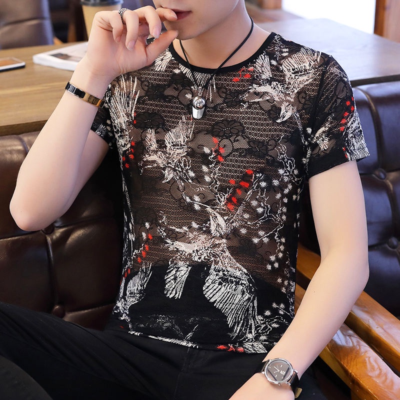 Hollow t-shirt nam plus size thoáng khí mỏng cá tính slim short-tay tops