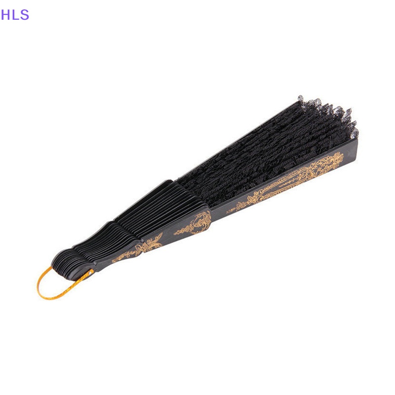 Quạt Xếp Cầm Tay Bằng Lụa Phối Ren Hoa Màu Đen Phong Cách Tây Ban Nha