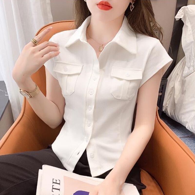 Áo Sơ Mi Cotton Tay Ngắn Dáng Ôm Thời Trang Mùa Hè Phong Cách Hàn Quốc Dành Cho Nữ