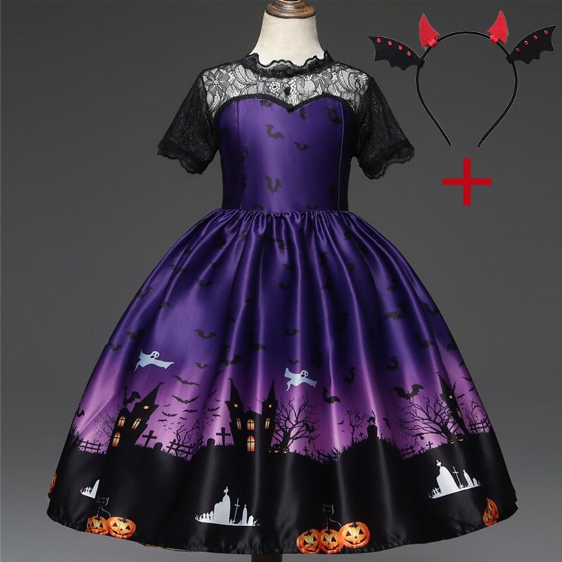 Đầm Công Chúa Hóa Trang Halloween Kèm Băng Đô Xinh Xắn Cho Bé Gái