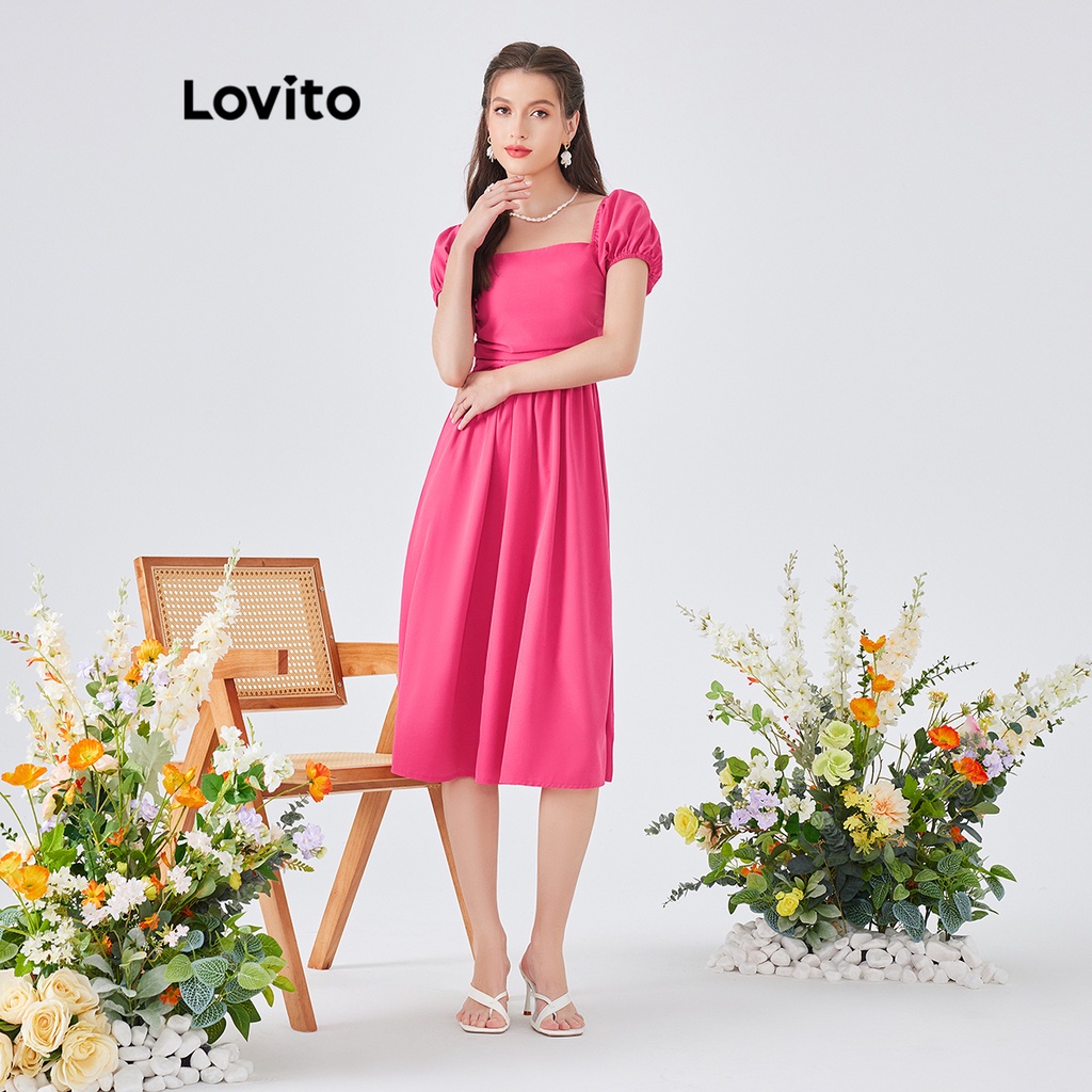 Đầm dạ hội Lovito phong cách Boho màu trơn xếp nếp tay phồng dành cho nữ L54ED091 (Hot hồng)