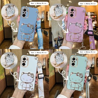 Ốp Điện Thoại Xiaomi Redmi 12 Ốp Lưng Redmi Note 10 Pro Casing Redmi Note 10S Case Redmi 10 Case Redmi 9A Case Redmi 9C Case Vanity Mirror Cute Hello Kitty Anime Stand Crossbody Phone Strap Case With Metal Sheet SK