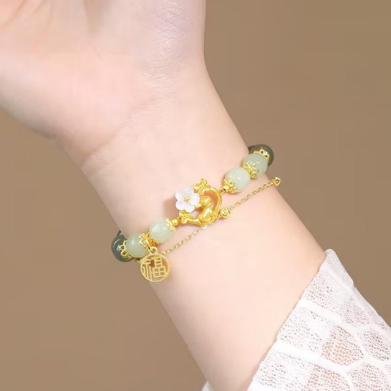 Vòng Tay Hai Lớp Đính Hạt Ngọc Bích Màu Xanh Lá Hình Thỏ