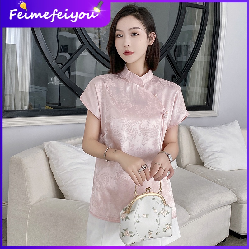 Áo Sườn Xám Ngắn Tay Bằng Lụa Phong Cách Retro Thời Trang Mùa Hè 2023 Dành Cho Nữ