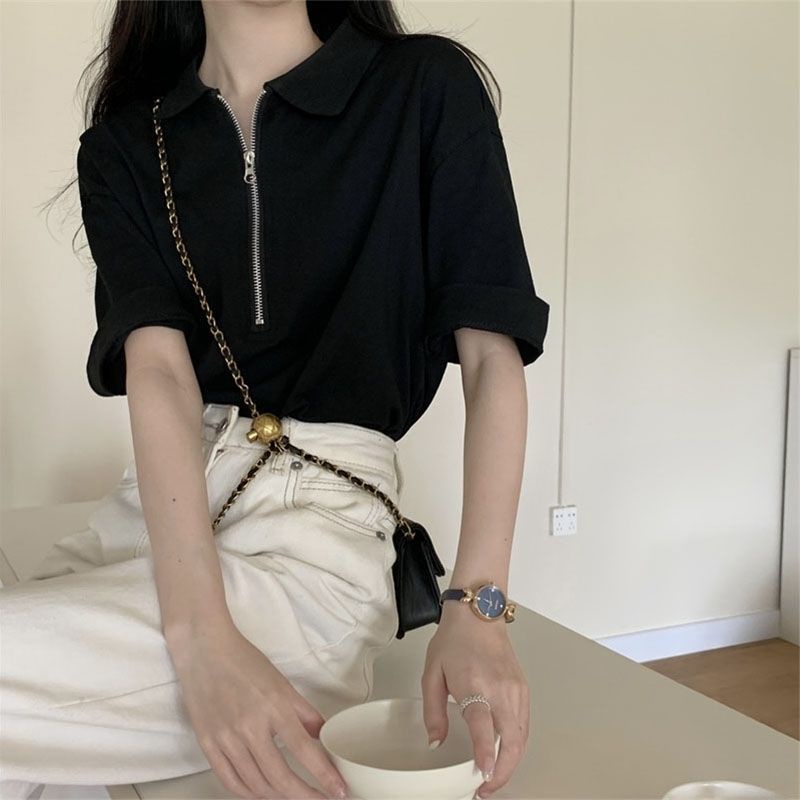 Autumn new style zipper short-sleeved t-shirt nữ fashion french loose top