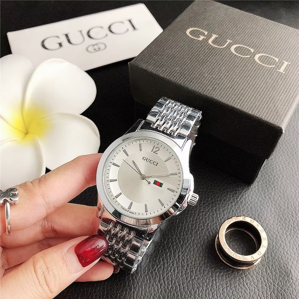 Đồng hồ đôi Mặt Tròn Họa Tiết Gucci Dây Da Thép Không Gỉ Thời Trang Cho Nam Và Nữ