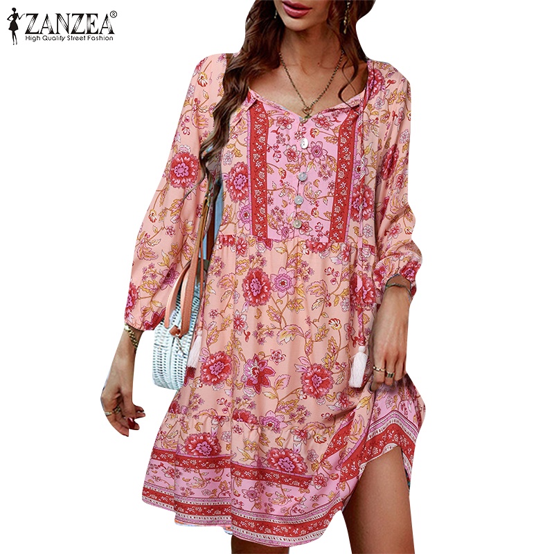 Đầm ZANZEA dài tay in hoa phong cách Bohemia thời trang dành cho nữ