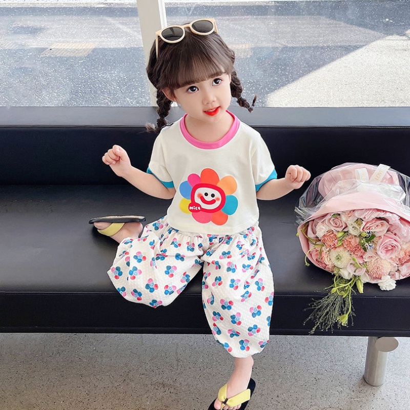 Bộ Đồ Hai Mảnh Áo Thun + Quần Dài Đến Mắt Cá Chân In Họa Tiết Hoa Hoạt Hình Phong Cách Hàn Quốc Thời Trang Dành Cho Bé Gái 80-130cm