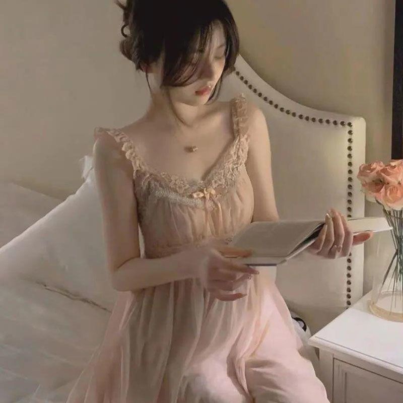 Đầm Ngủ Tay Ngắn Phối Ren Có Mút Đệm Ngực Phong Cách Công Chúa Dễ Thương Thời Trang Mùa Hè Cho Nữ