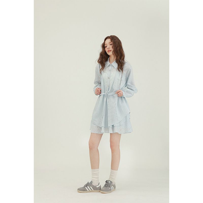 Set Áo Sơ Mi Chiffon Dài Tay Và Chân Váy Dài Màu Xanh Dương Thời Trang Mùa Thu Mới 2023 Cho Nữ