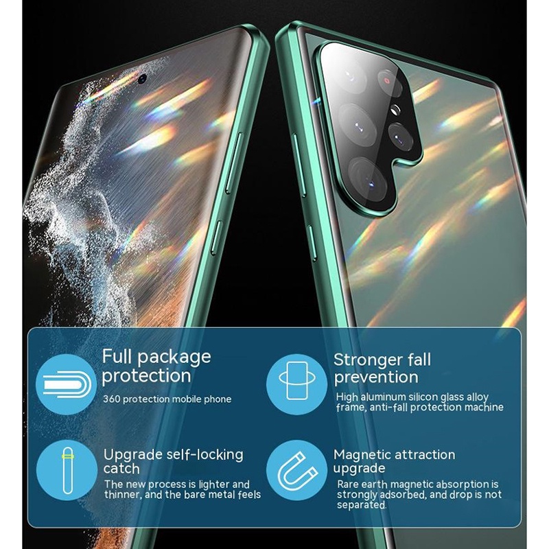 Ốp Điện Thoại Kính Cường Lực Hai Mặt Viền Kim Loại Nam Châm 2023 Cho Samsung Galaxy S23 S22 Ultra S23 Plus