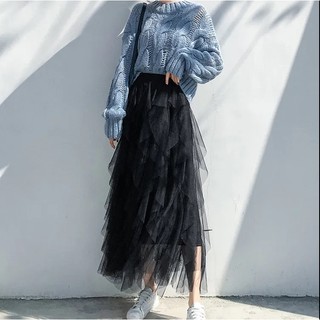 Sugemiusi Chân Váy Lưới Dáng Dài Xếp Ly Tầng Xếp Ly Siêu Nữ Tính Thanh Lịch Phong Cách Mới