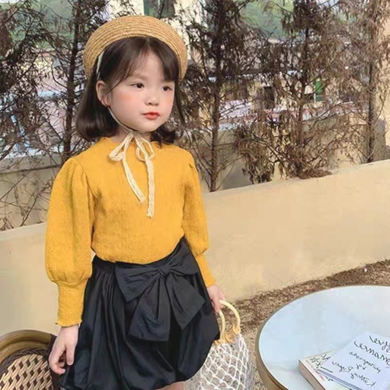 Áo Dệt Kim Tay Phồng Phối Ren Phong Cách Hàn Quốc Thời Trang Mùa Thu Mới 2023 Cho Bé Gái 80-150CM