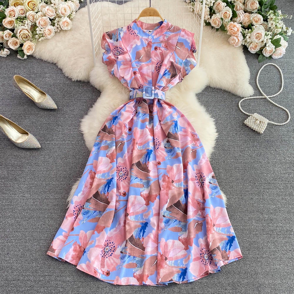 Qunz Đầm Cổ Đứng Nhấn Eo In Họa Tiết Thời Trang Xinh Xắn 6372