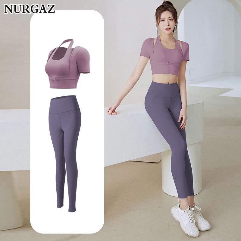 Nurgaz Bộ đồ thể thao cổ trụ Halter cổ ngắn có đệm ngực bó sát nhanh khô phù hợp với áo thun tay ngắn tập thể dục yoga