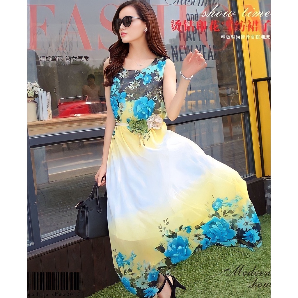 Đầm Maxi Đi Biển Kết Hoa Cổ Xòe Xanh Trắng BY4079