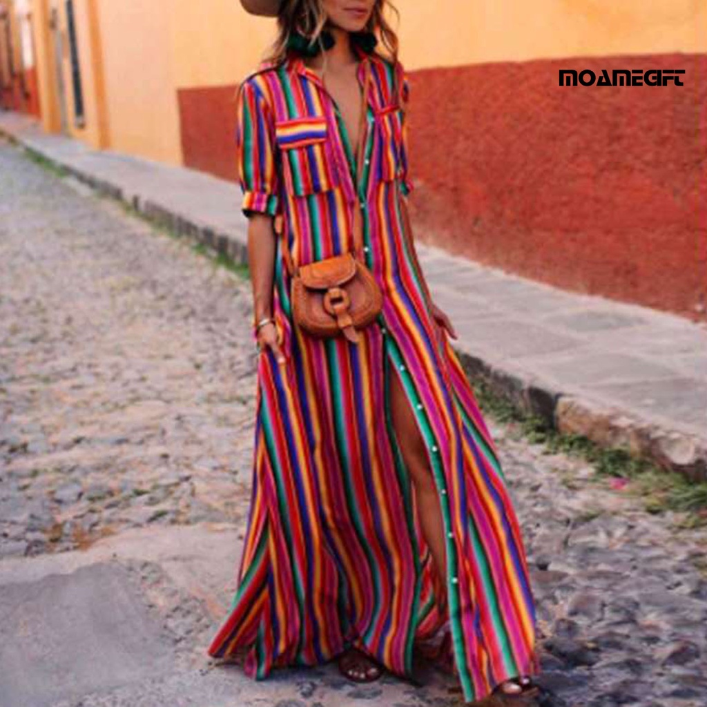 Áo dài sọc của phụ nữ màu thời trang tương phản ve áo cổ áo nút xuống cardigan bohemian polyester thoải mái phụ nữ cung cấp