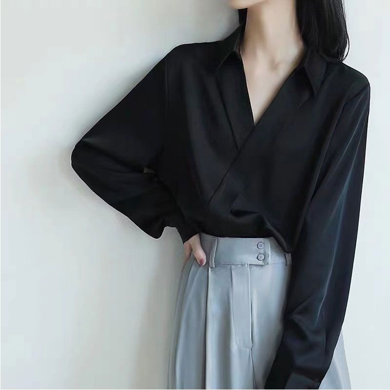 Áo Sơ Mi chiffon Đen Cổ v Tay Dài Thời Trang Dành Cho Nữ
