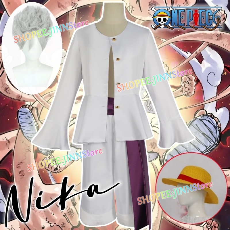 - Jn - luffy cosplay costume anime one piece gear 5 nika outfit người lớn trọn bộ áo sơ mi trắng + quần + tóc giả + bộ mũ rơm