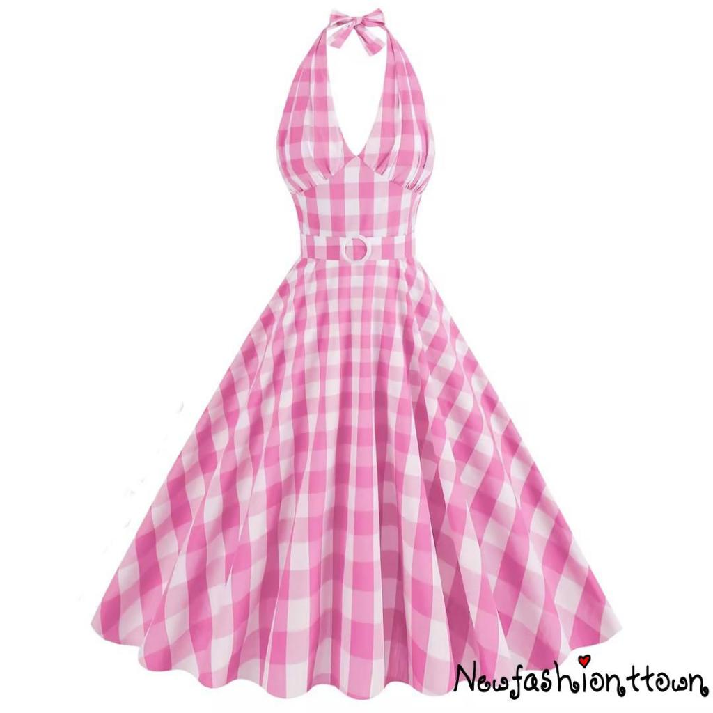 Nfashion-women ́s dễ thương barbie màu hồng kẻ sọc dây cổ váy midi ôm vừa vặn
