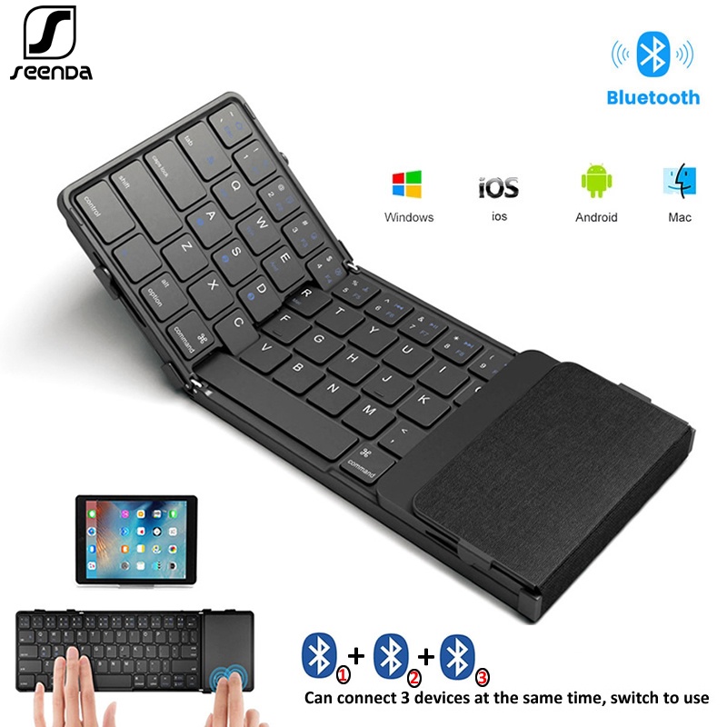 Bàn phím không dây seenda tri-folding với touchpad bàn phím mini có thể sạc lại bàn phím có thể gập lại cho windows phone pc table