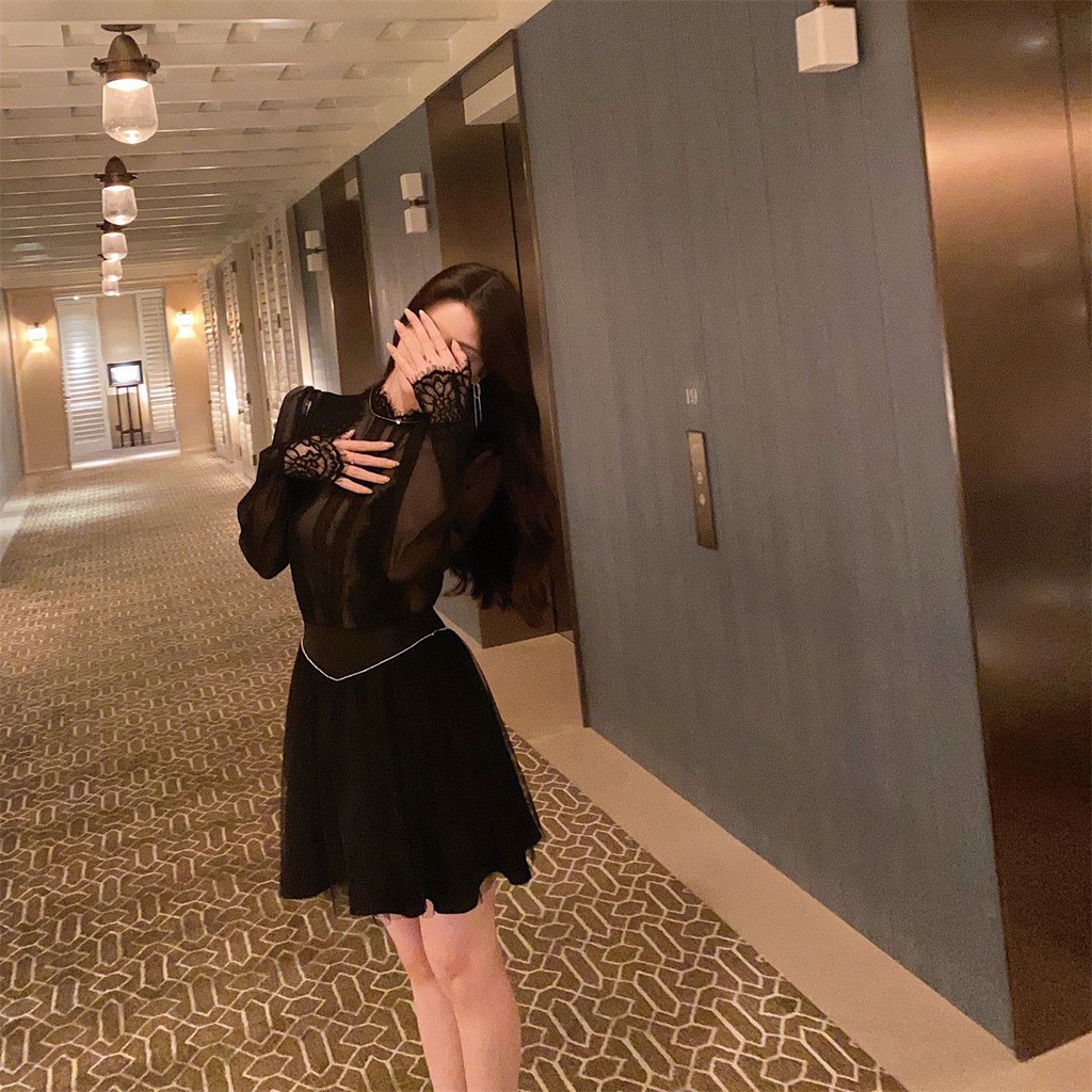 Bộ Áo Tay Phồng + Chân Váy Eo Cao Phối Ren Lưới Thời Trang Mùa Thu 2023 2q3g