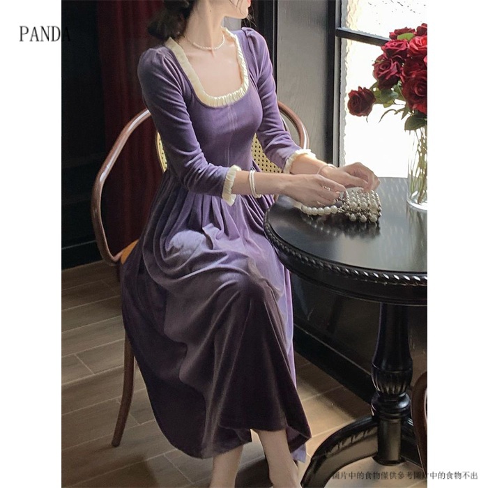PANDA7.30Đầm Nữ Dài Tay Chất Nhung Màu Tím Phong Cách Retro váy nữ chân váy
