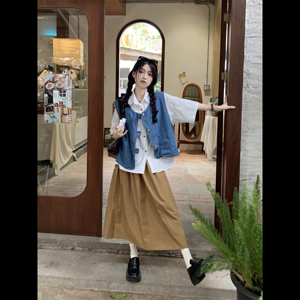 Set Chân váy jean Lưng Cao Và Áo Ba Lỗ Phong Cách hong kong Thời Trang Mới Cho Nữ